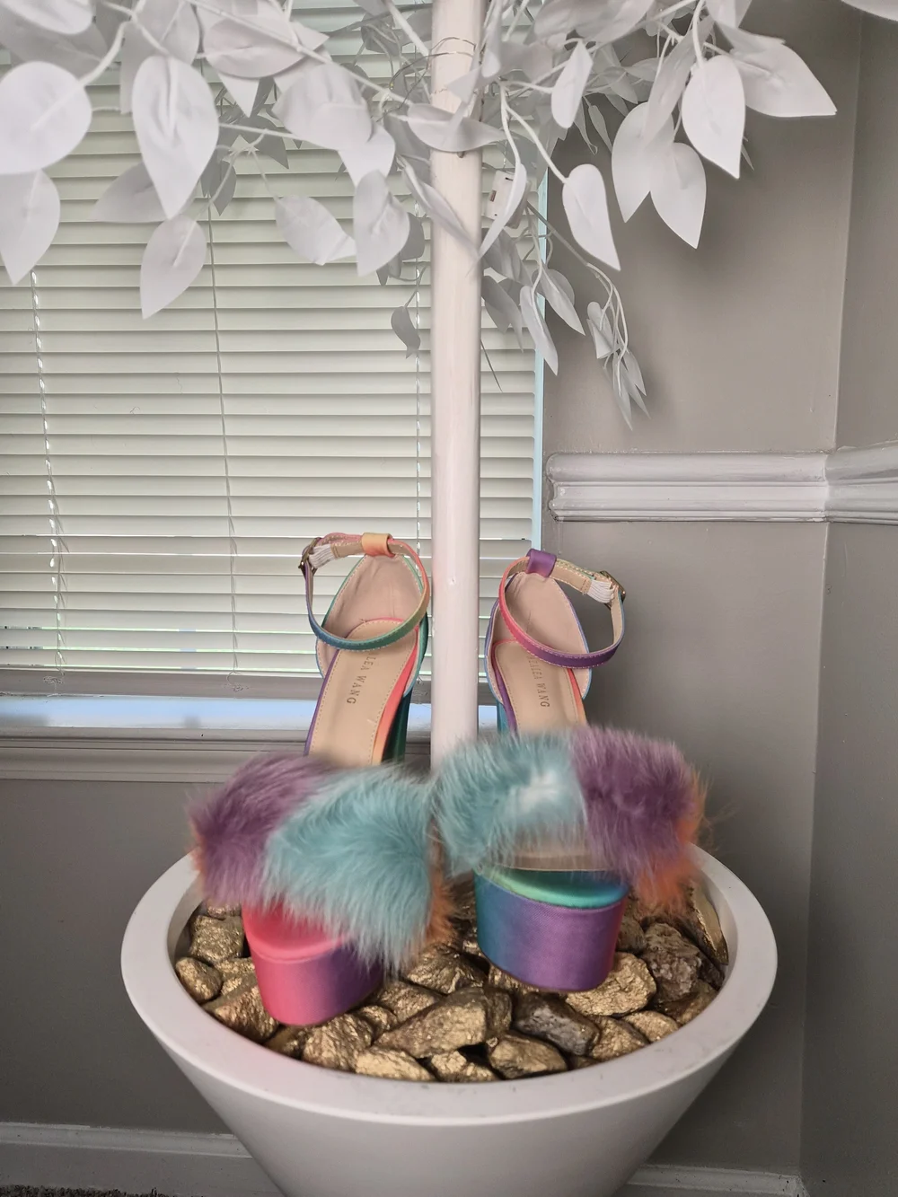 Multicolor Rainbow Platform Fur Ankle-Strap Heels